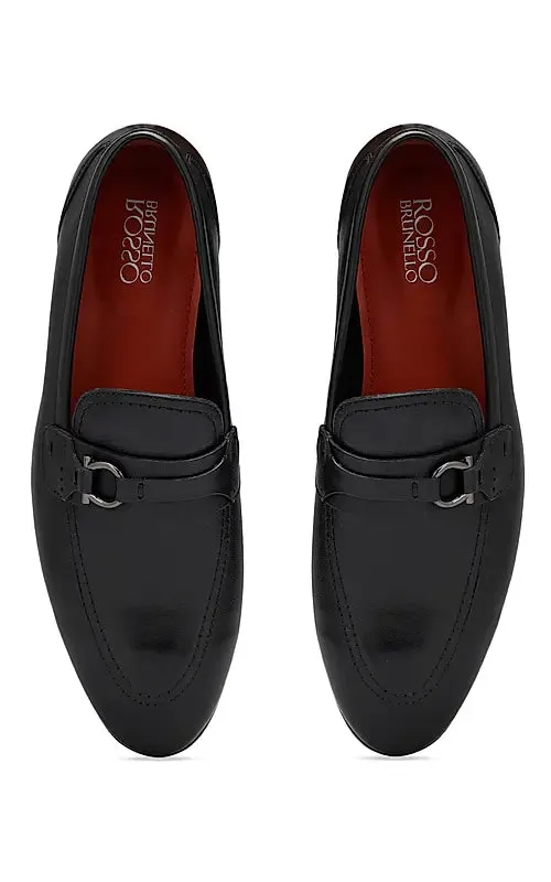 Black Embellished Leather Loafers