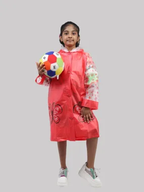 Bright Red Butterfly-Print Raincoat with Hood For Girls