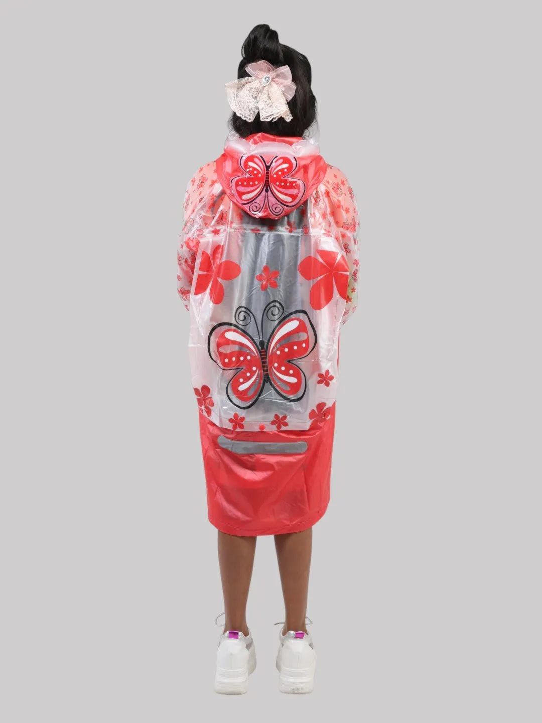 Bright Red Butterfly-Print Raincoat with Hood For Girls