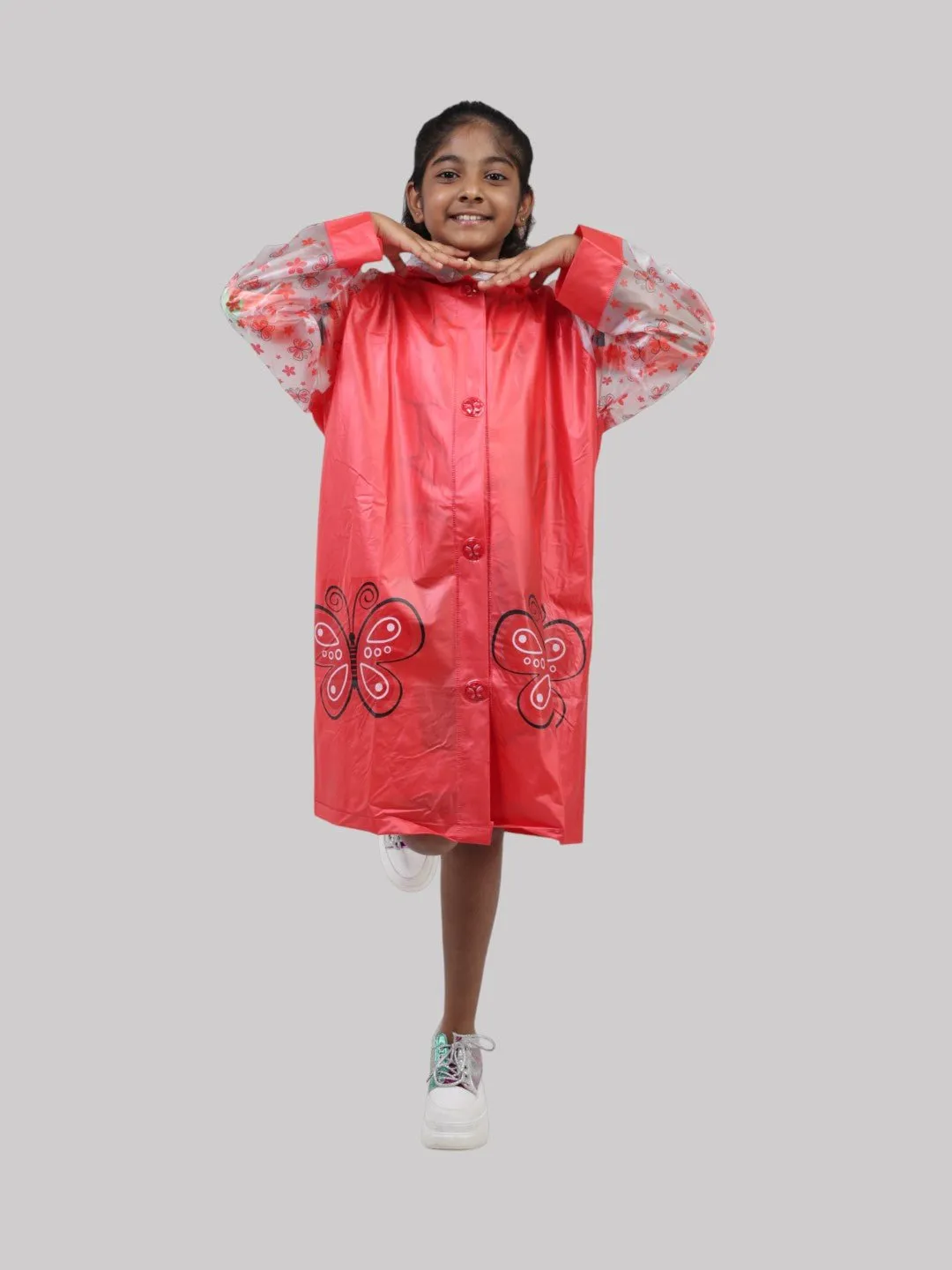 Bright Red Butterfly-Print Raincoat with Hood For Girls