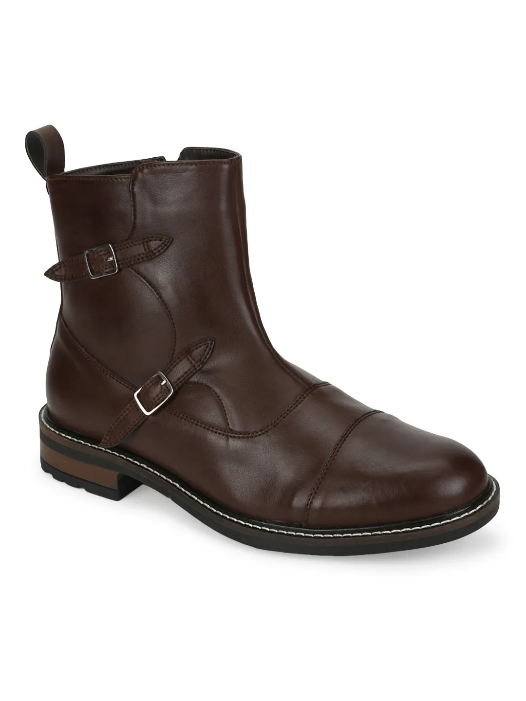 Brown PU Side Buckle Men's Chelsea Boots