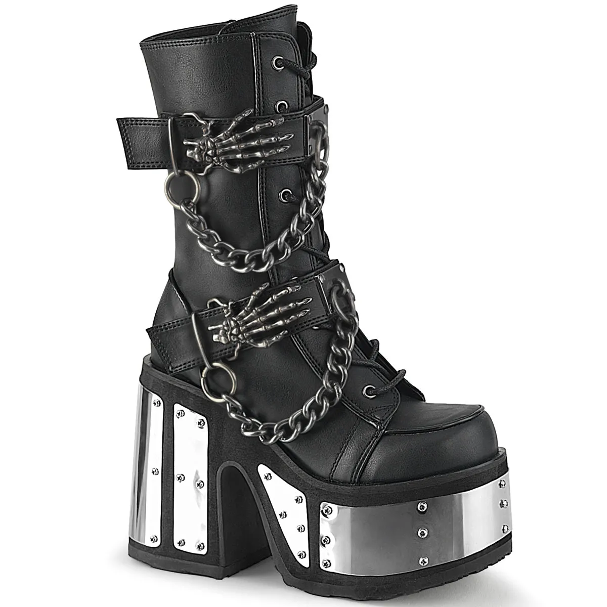 CAMEL-120 Demonia Blk Vegan Leather Alternative Footwear Chunky Chrome Plated Boots