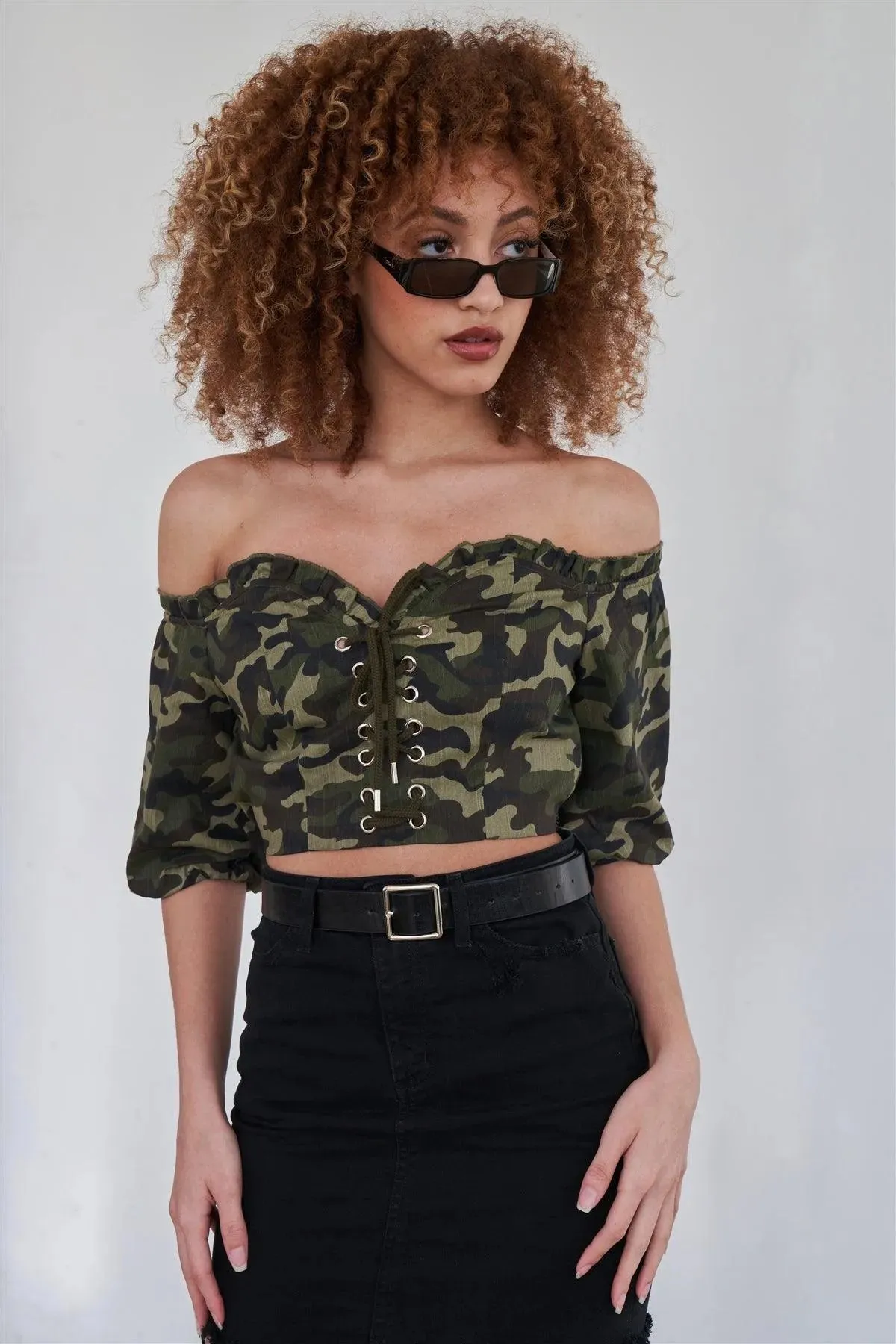 Camouflage Off The Shoulder Puff Sleeve Crop Top
