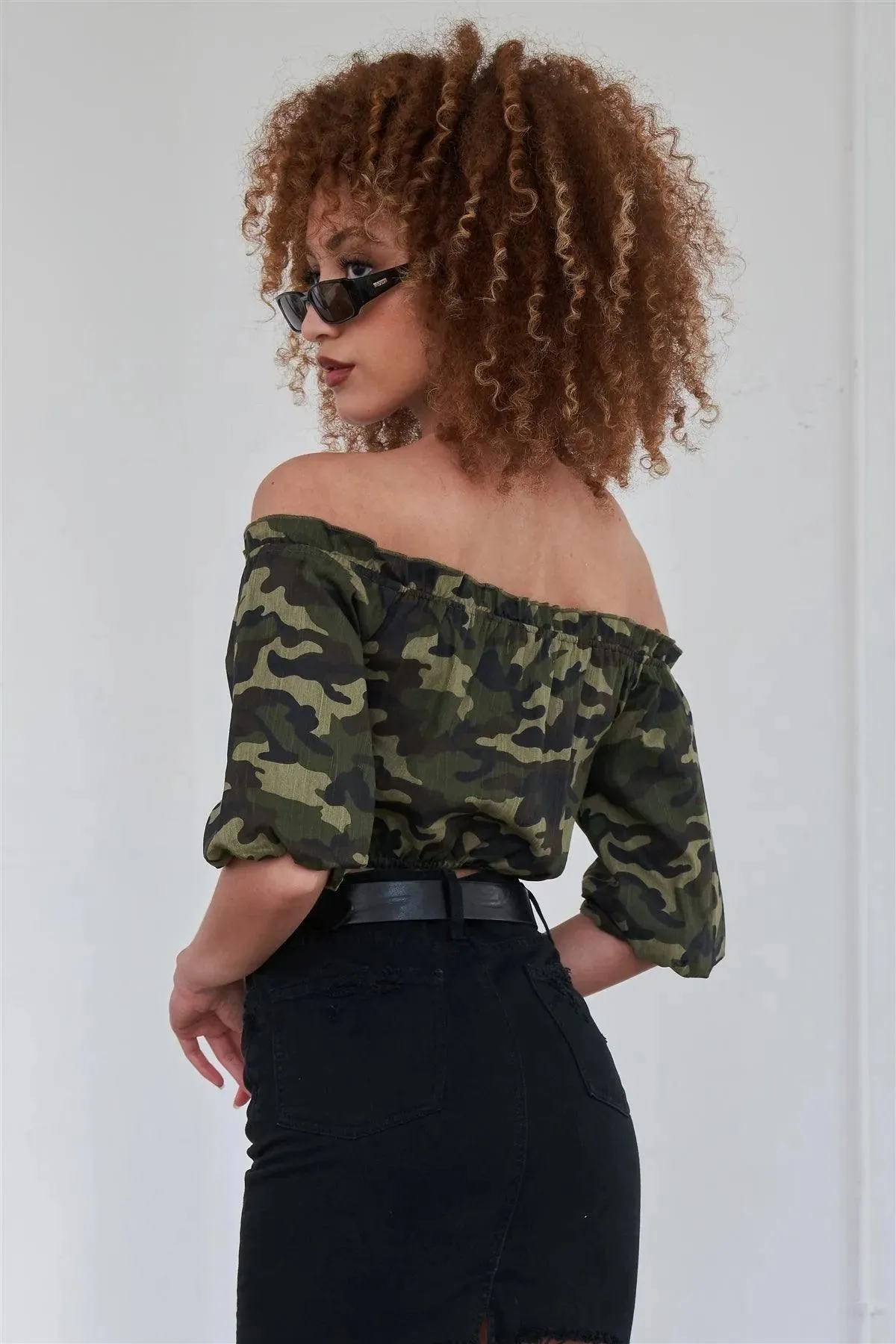 Camouflage Off The Shoulder Puff Sleeve Crop Top