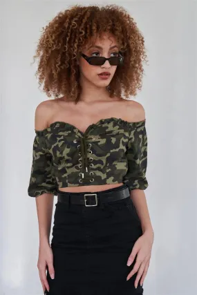 Camouflage Off The Shoulder Puff Sleeve Crop Top