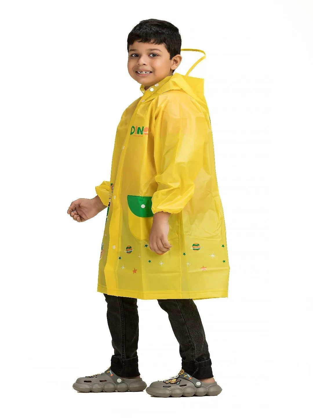 Cheerful Dinosaur-Themed Waterproof Raincoat for Boys in Vibrant Yellow