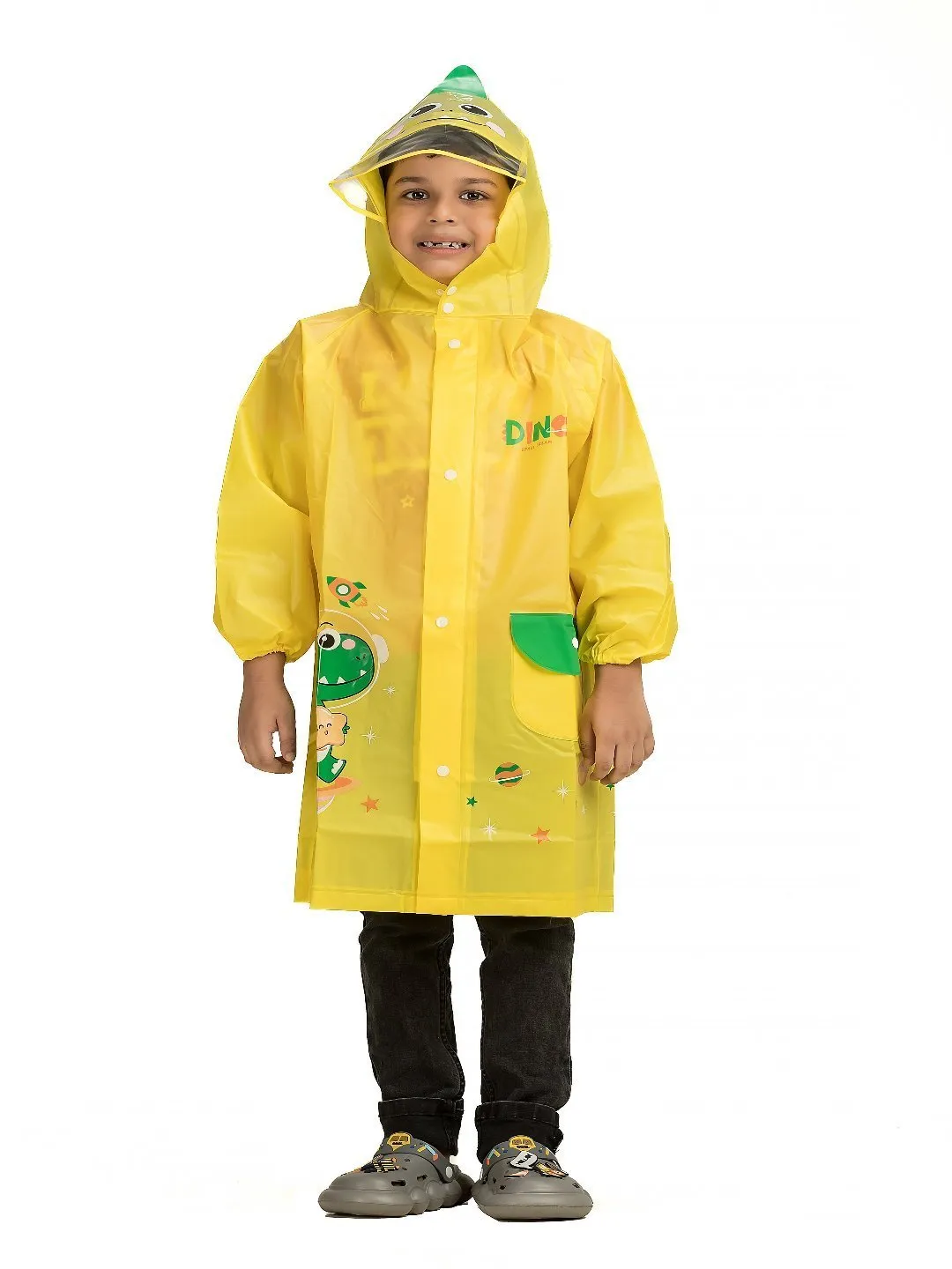 Cheerful Dinosaur-Themed Waterproof Raincoat for Boys in Vibrant Yellow
