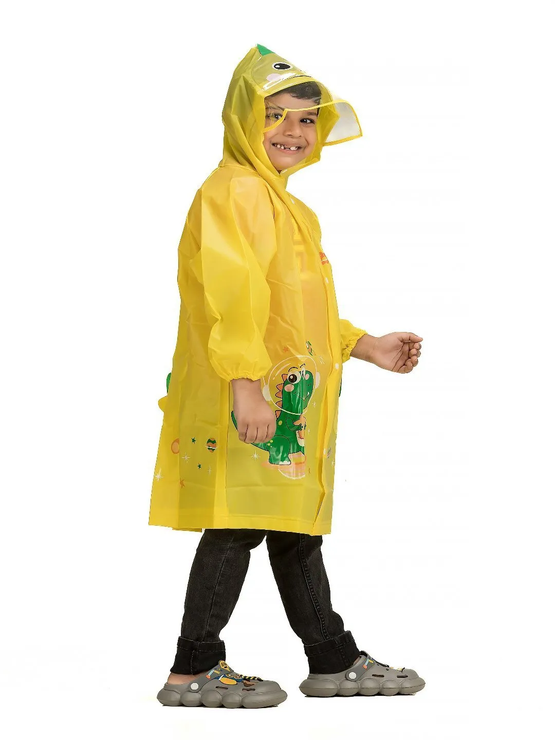 Cheerful Dinosaur-Themed Waterproof Raincoat for Boys in Vibrant Yellow