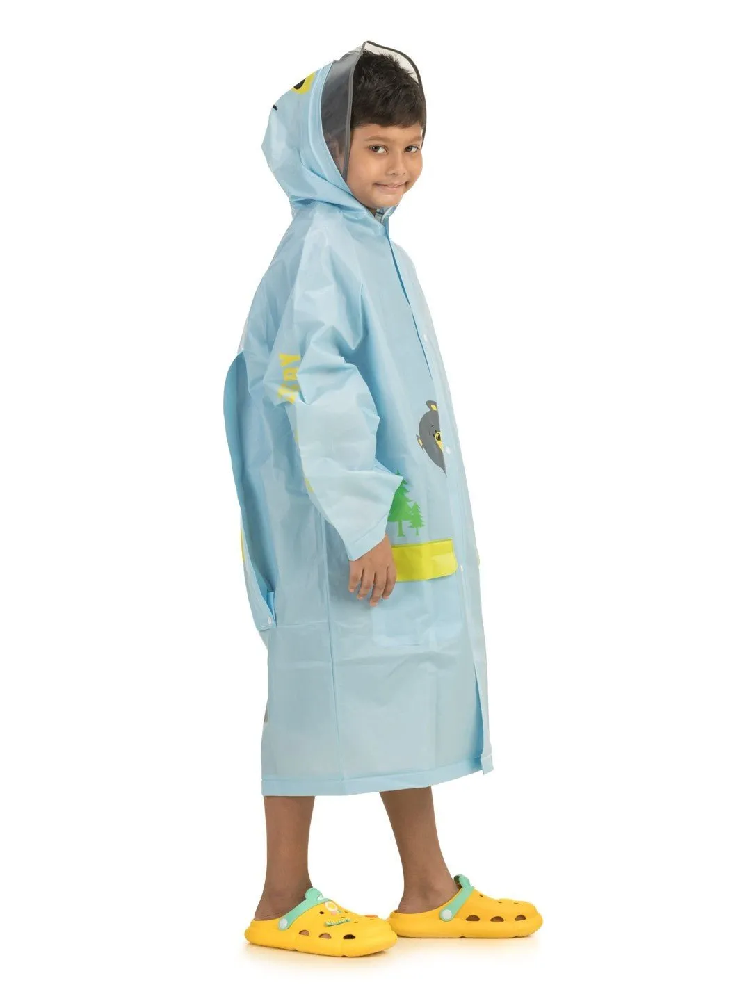 Explorer Raincoat with Whimsical Face Hood and Illustrated Pockets for Boys