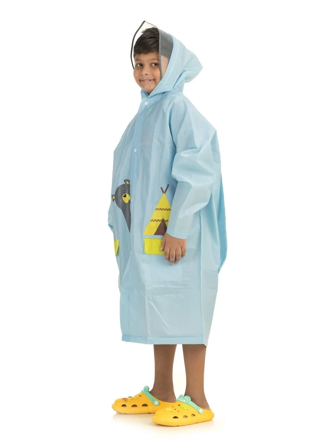 Explorer Raincoat with Whimsical Face Hood and Illustrated Pockets for Boys