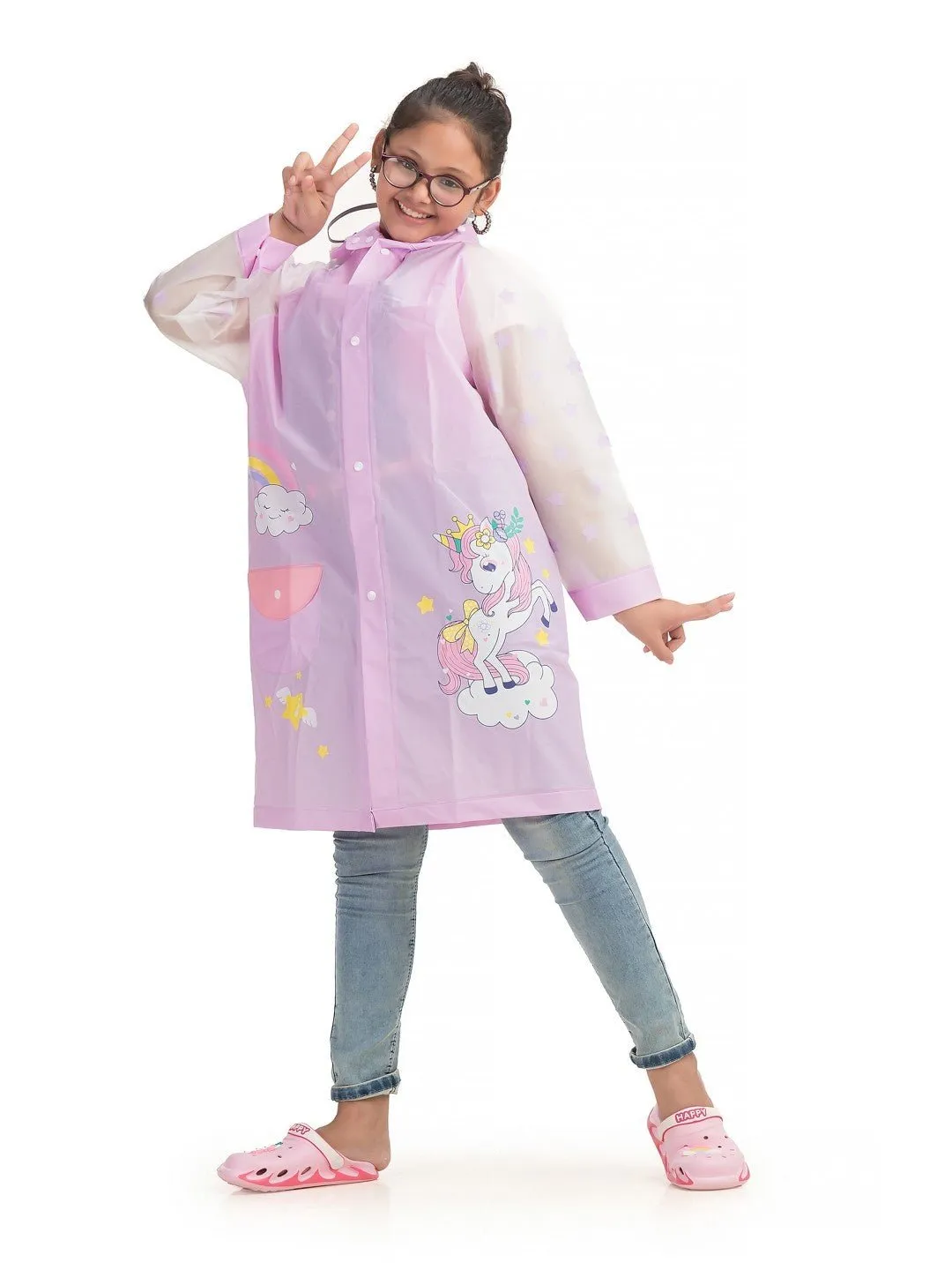 Girls' Purple Enchanted Unicorn Raincoat with Rainbow and Stars