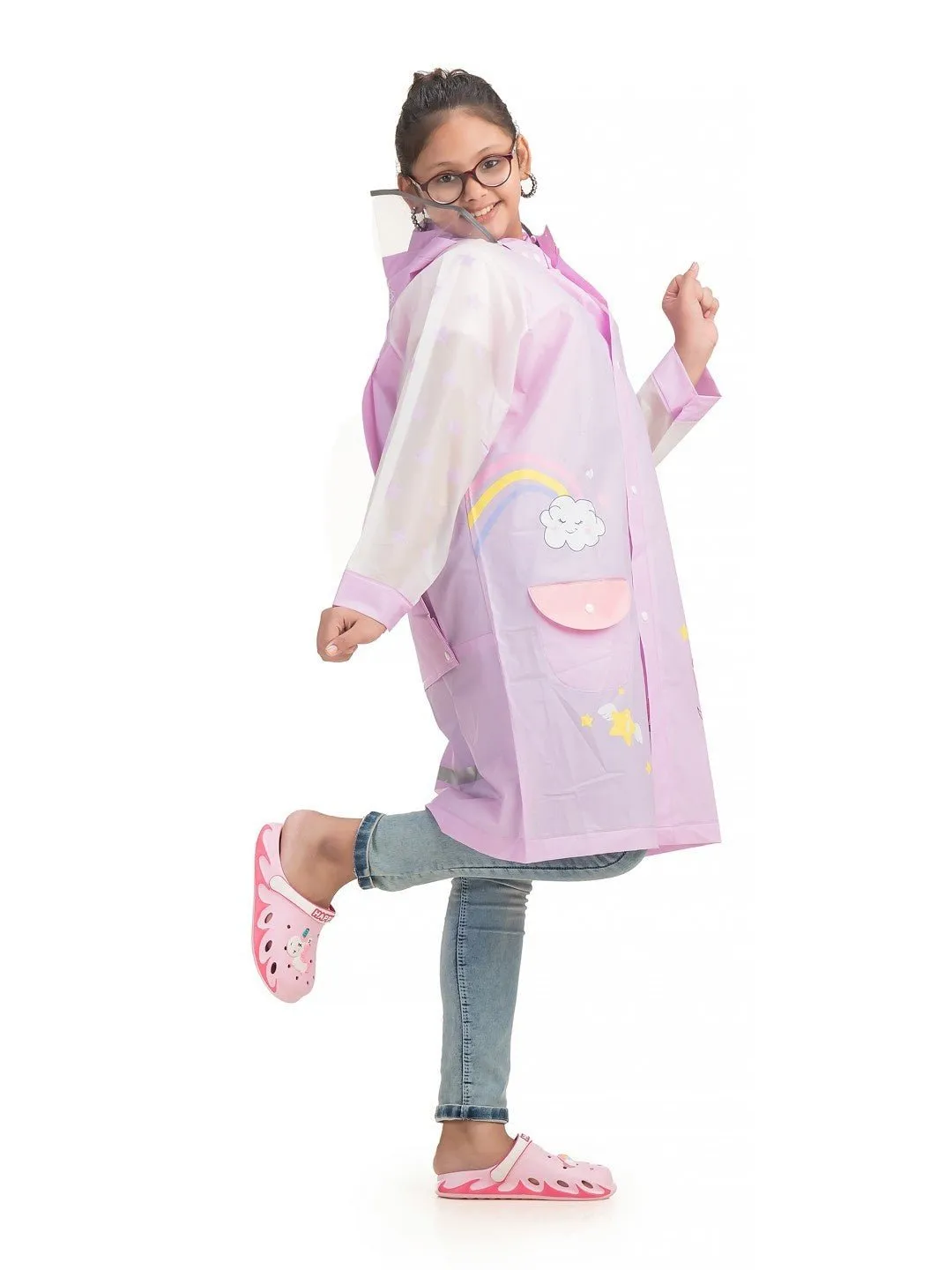 Girls' Purple Enchanted Unicorn Raincoat with Rainbow and Stars