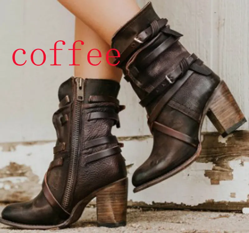 Leather Buckle Zipper Chunky Heel Ankle Boots