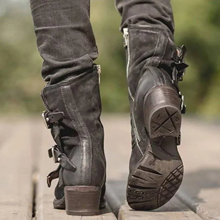 Leather Buckle Zipper Chunky Heel Ankle Boots