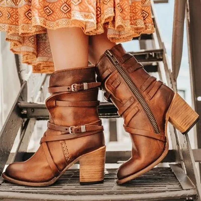 Leather Buckle Zipper Chunky Heel Ankle Boots