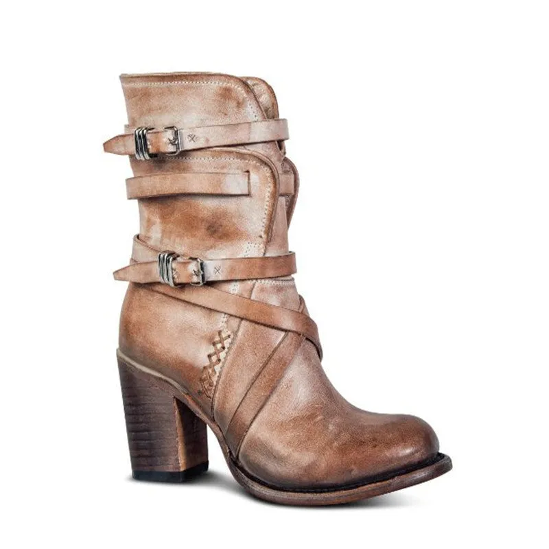 Leather Buckle Zipper Chunky Heel Ankle Boots