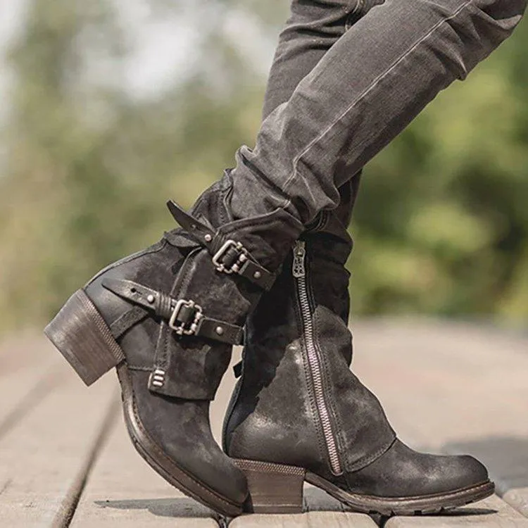 Leather Buckle Zipper Chunky Heel Ankle Boots
