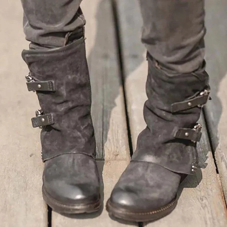 Leather Buckle Zipper Chunky Heel Ankle Boots