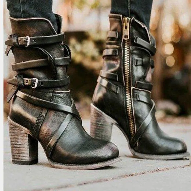 Leather Buckle Zipper Chunky Heel Ankle Boots