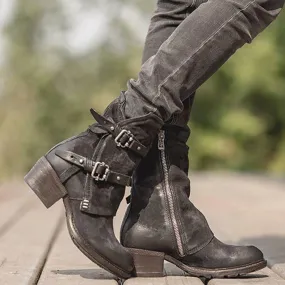Leather Buckle Zipper Chunky Heel Ankle Boots
