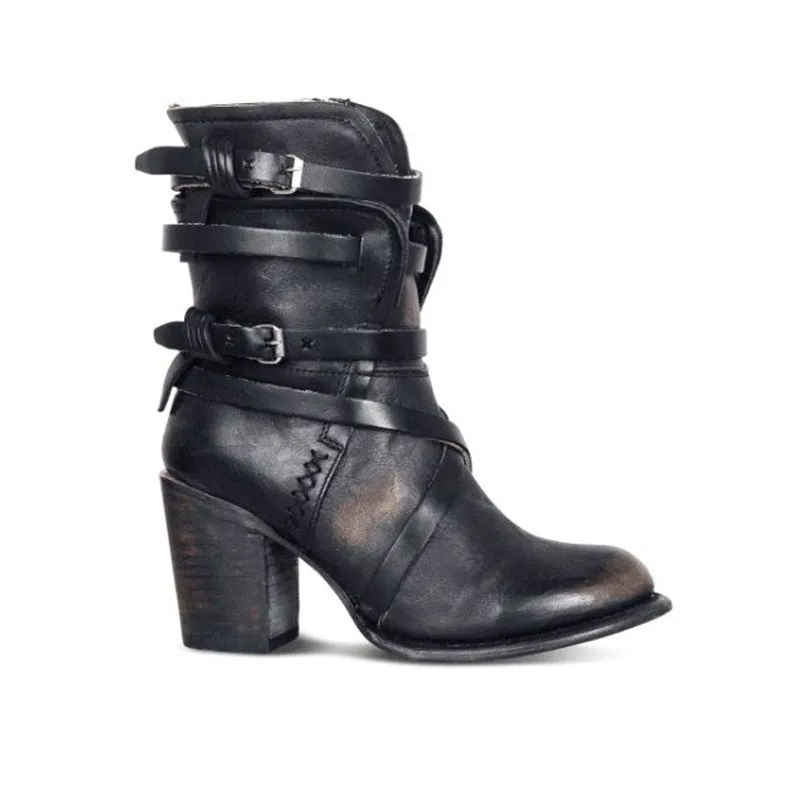 Leather Buckle Zipper Chunky Heel Ankle Boots