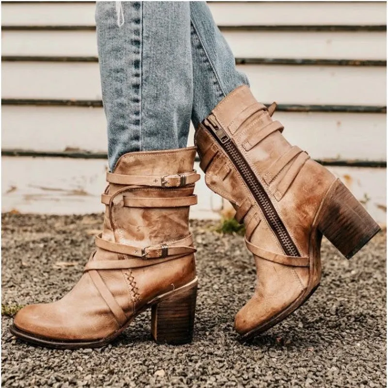 Leather Buckle Zipper Chunky Heel Ankle Boots