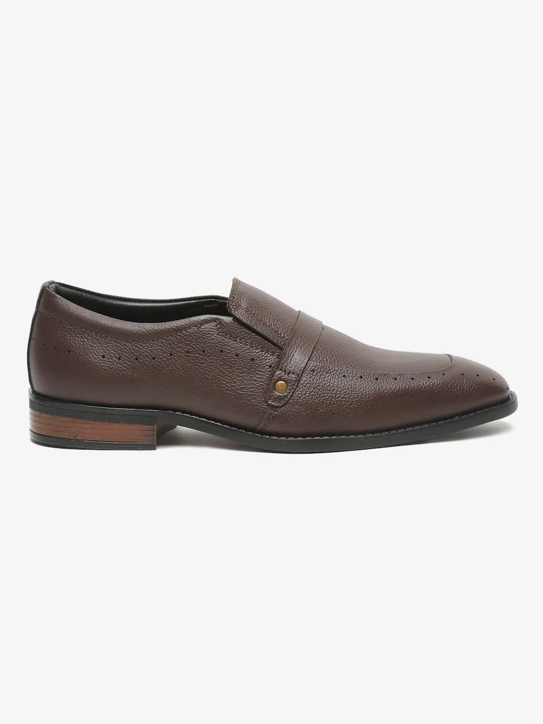 Men Brown Textured Leather Formal Slip-Ons
