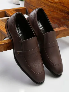 Men Brown Textured Leather Formal Slip-Ons