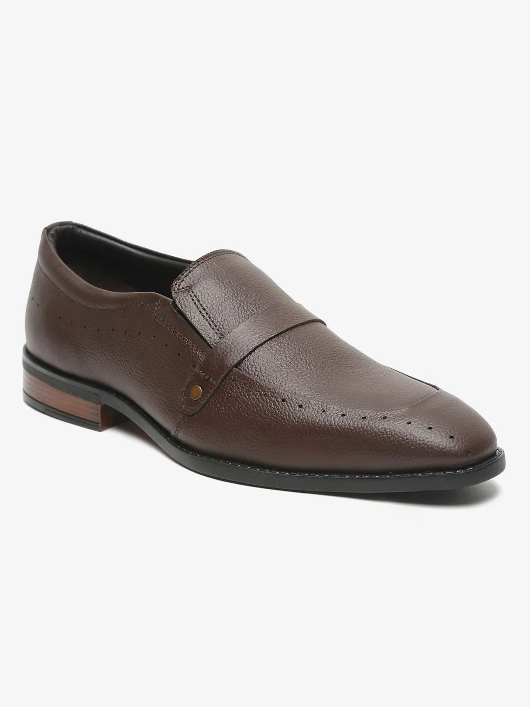 Men Brown Textured Leather Formal Slip-Ons