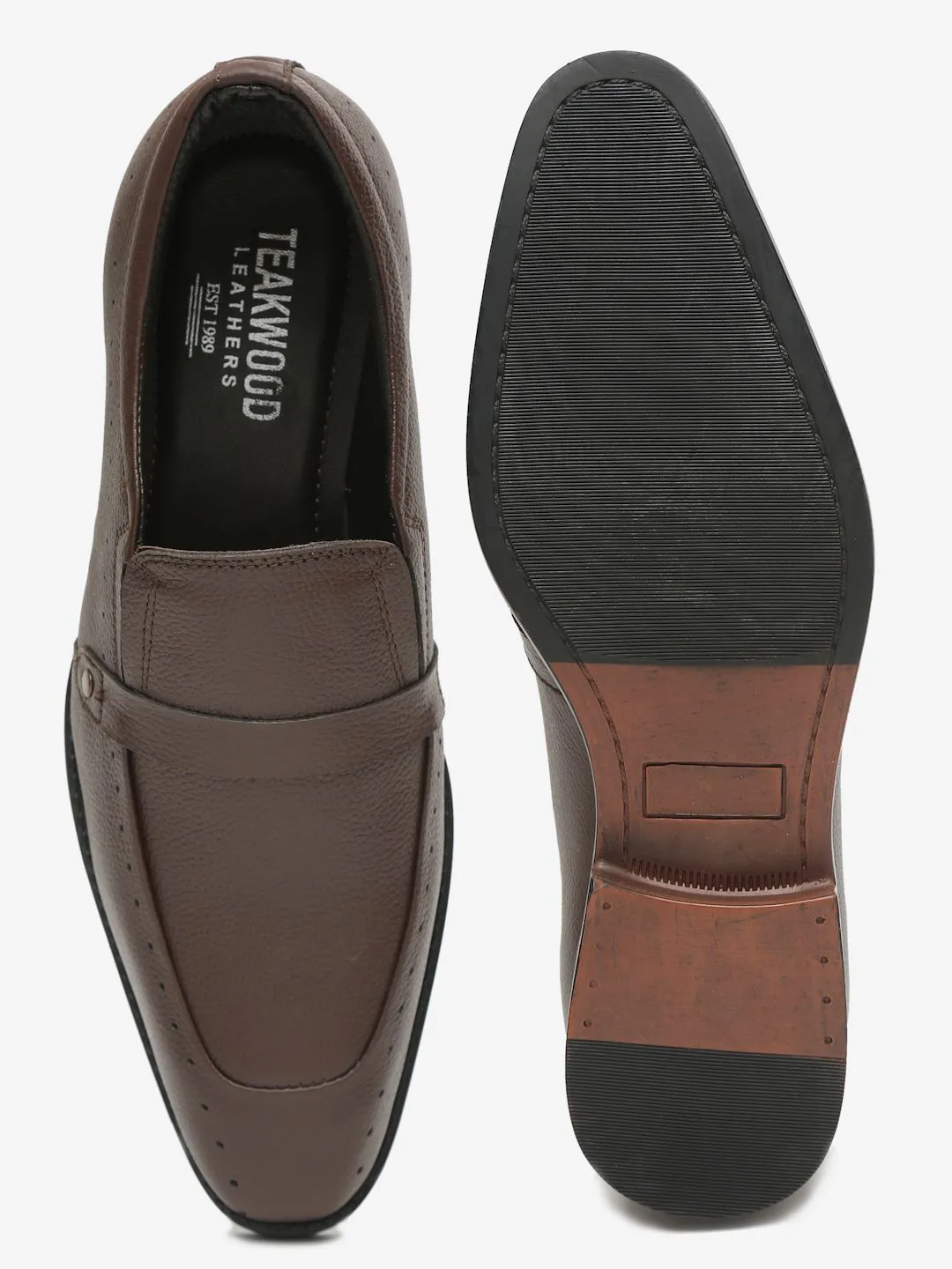 Men Brown Textured Leather Formal Slip-Ons