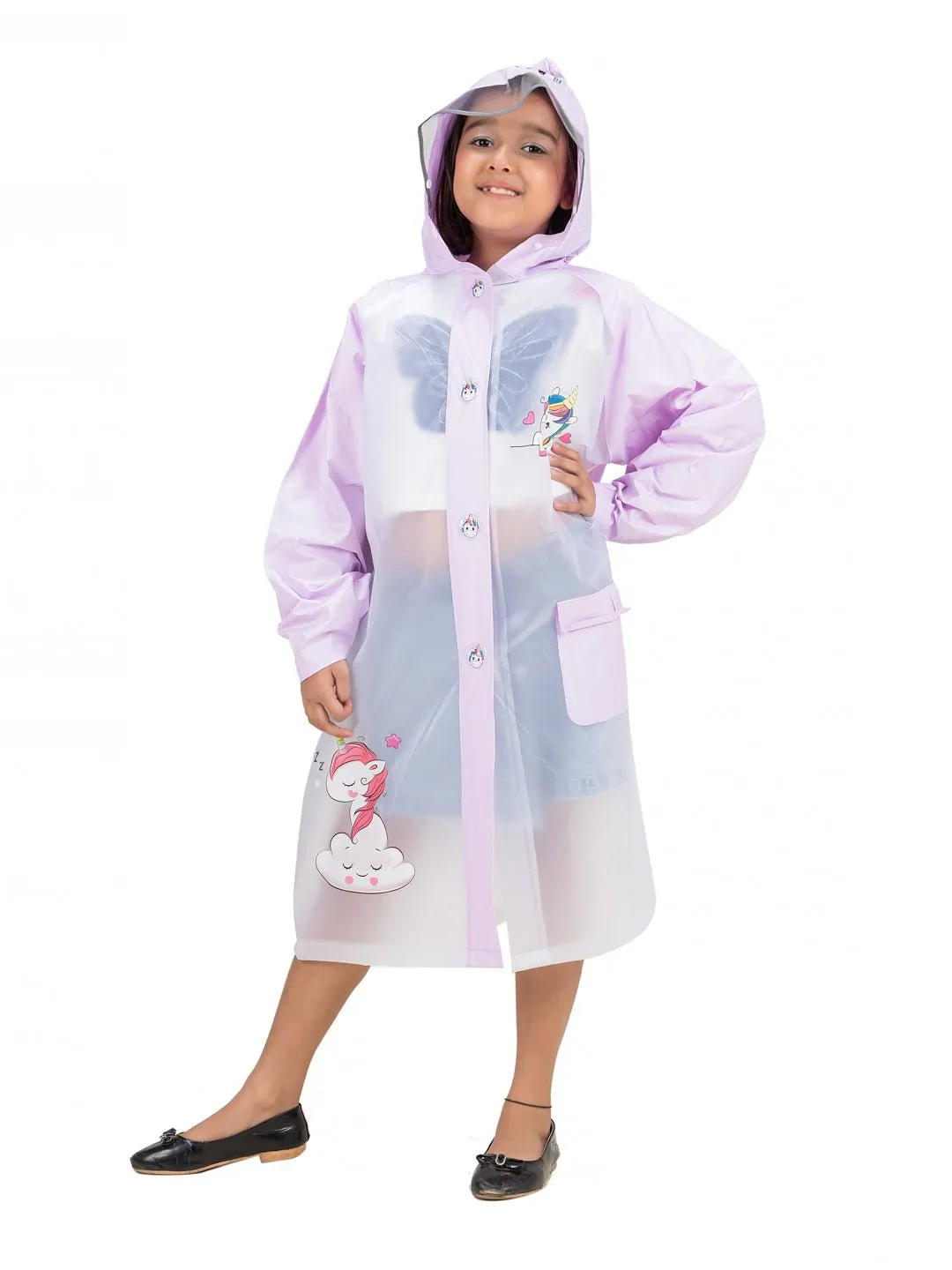 Purple Dream Unicorn Raincoat with Attached School Bag Space for Girls