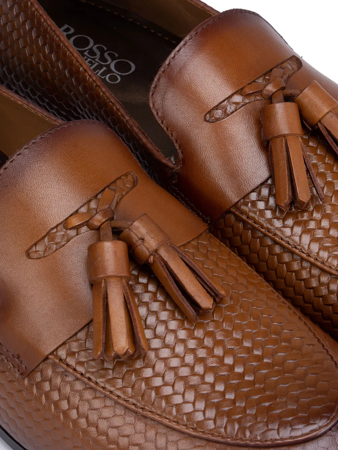 Tan Textured Leather Loafers With Tassels