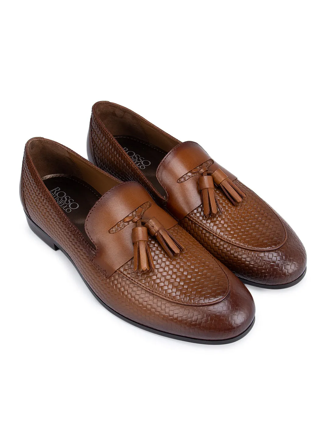 Tan Textured Leather Loafers With Tassels