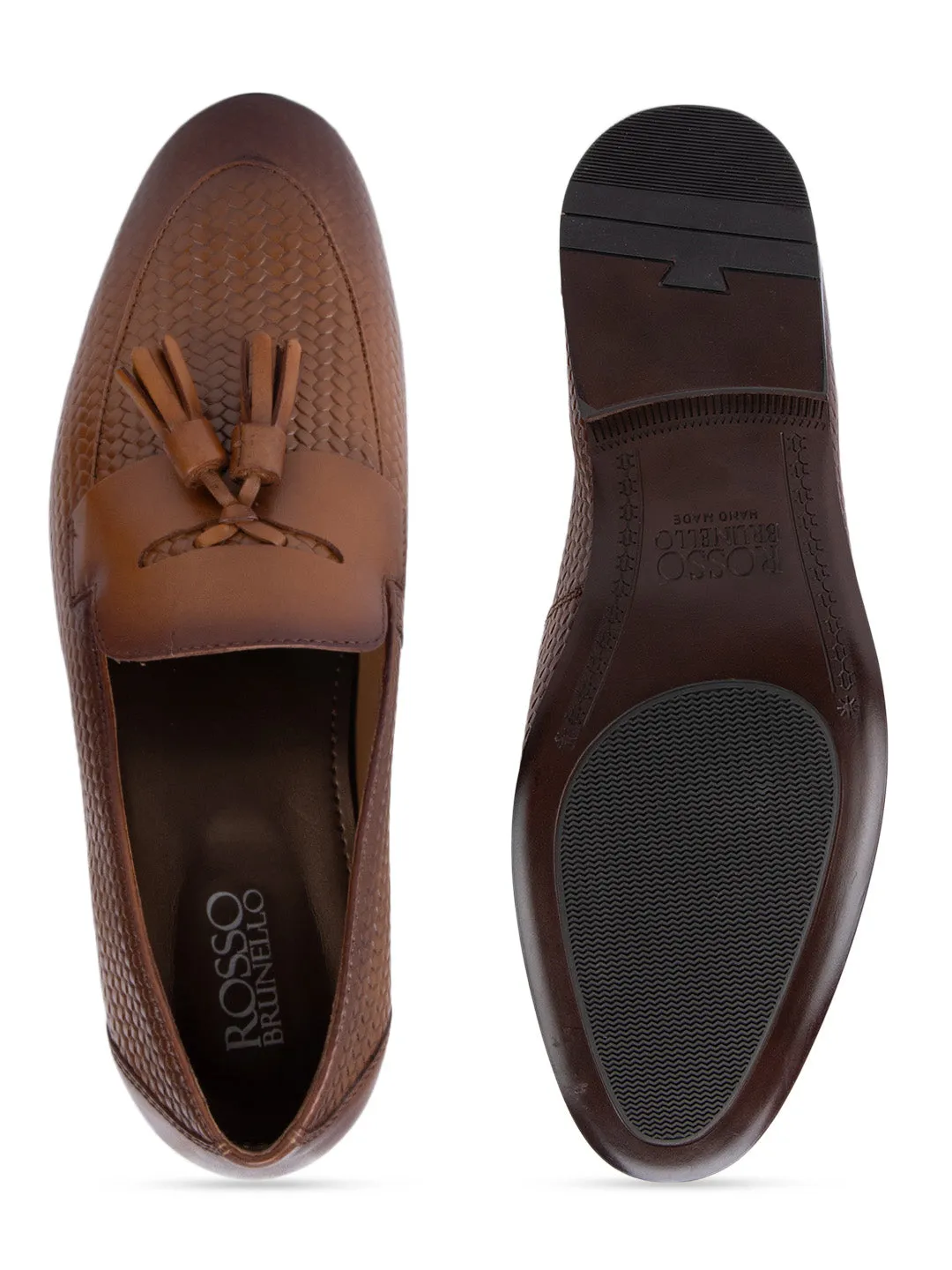 Tan Textured Leather Loafers With Tassels