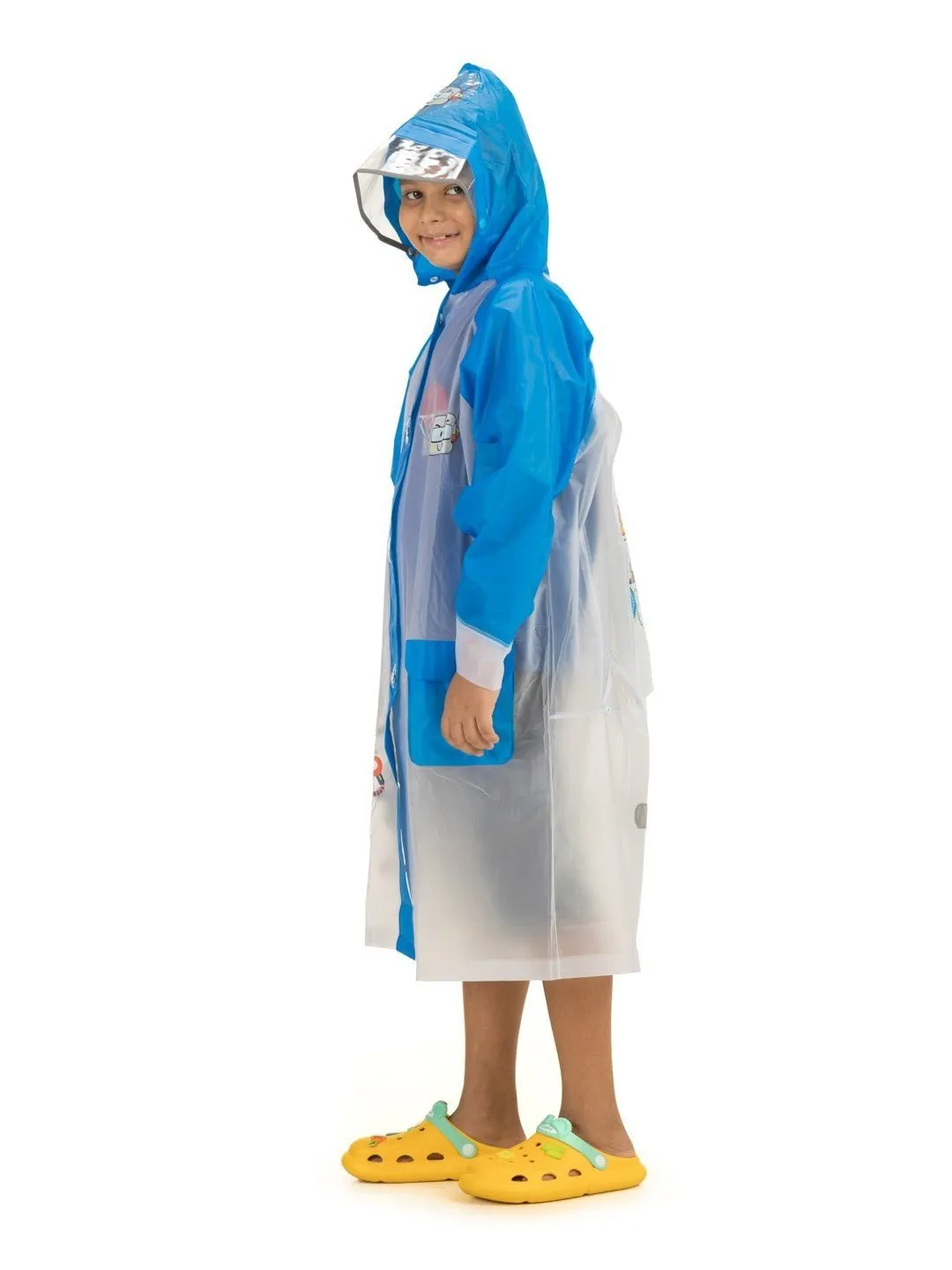 White and Blue Robot-Themed Raincoat for Boys