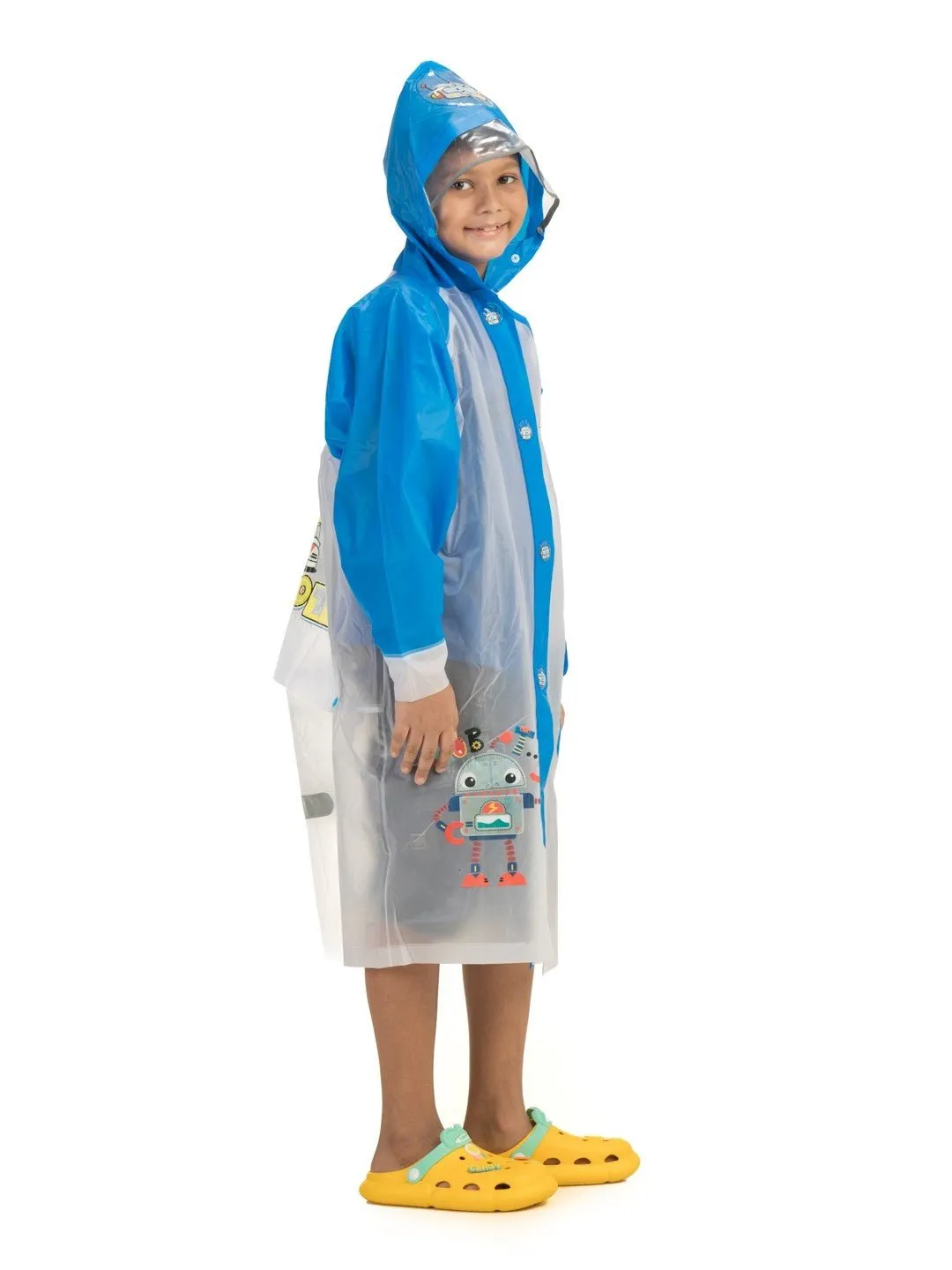 White and Blue Robot-Themed Raincoat for Boys