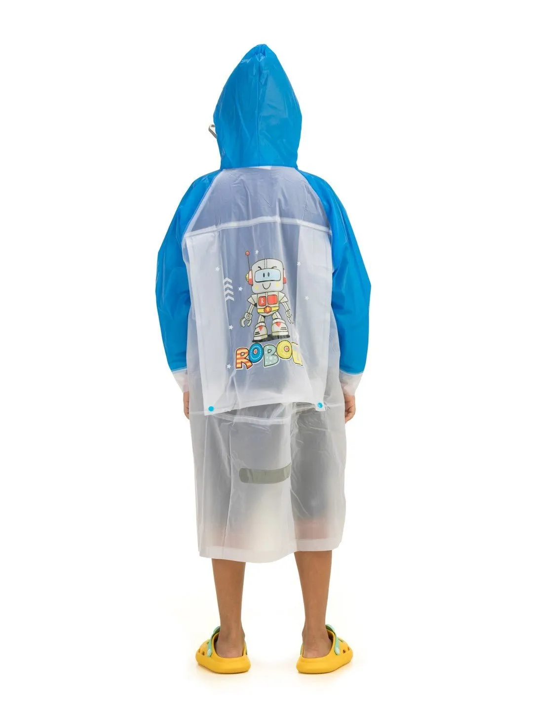 White and Blue Robot-Themed Raincoat for Boys