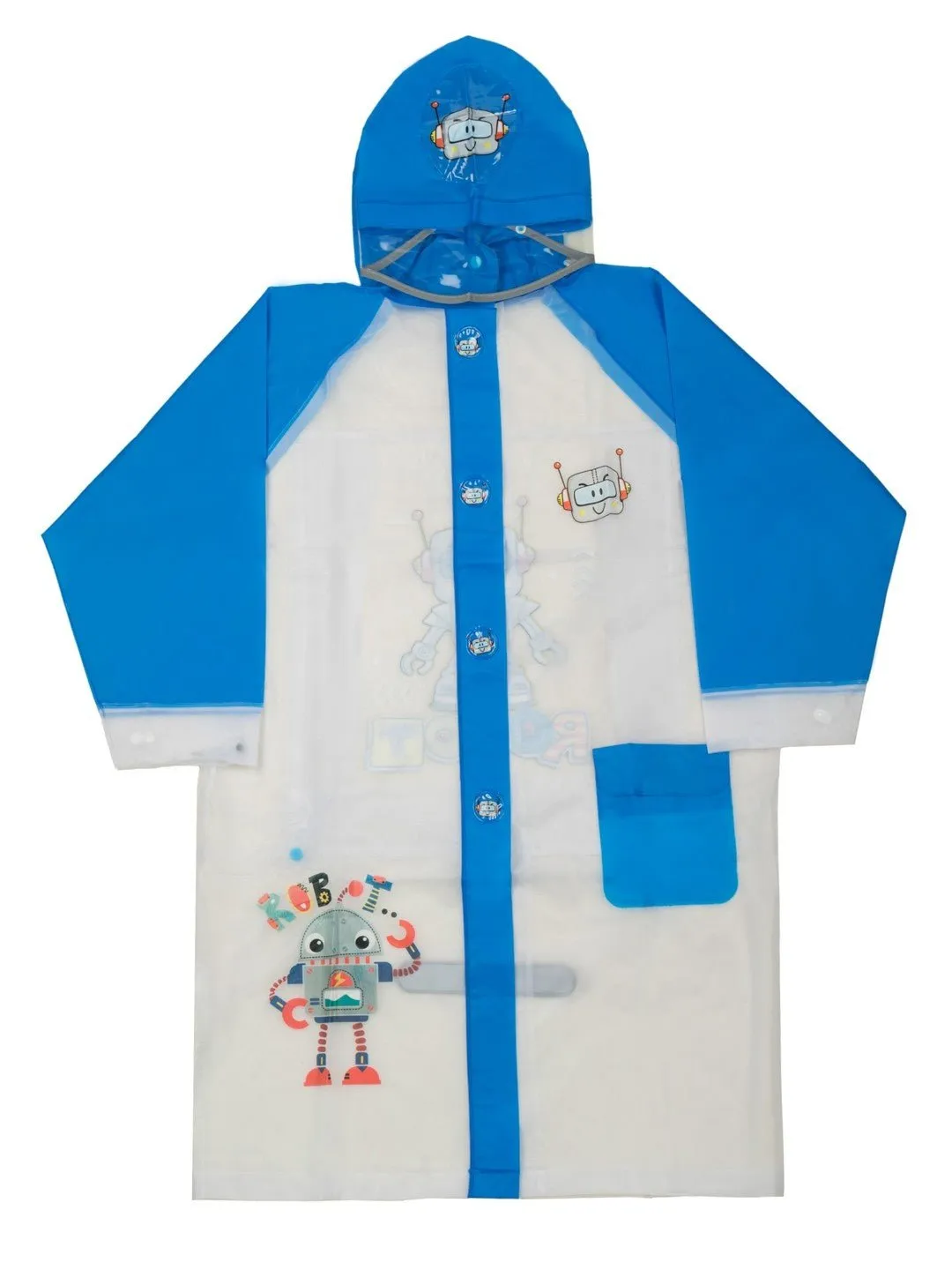 White and Blue Robot-Themed Raincoat for Boys