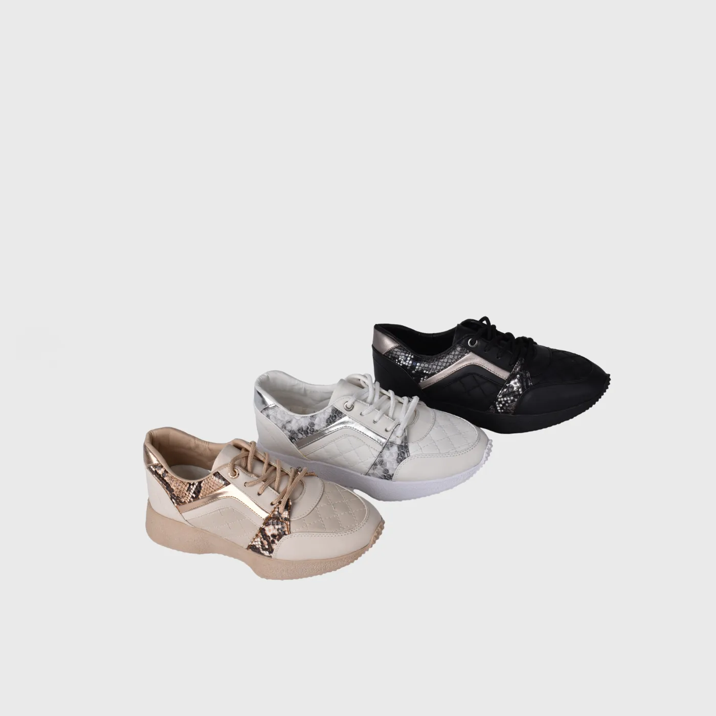 White Lace Up Sneakers With Quilted Details