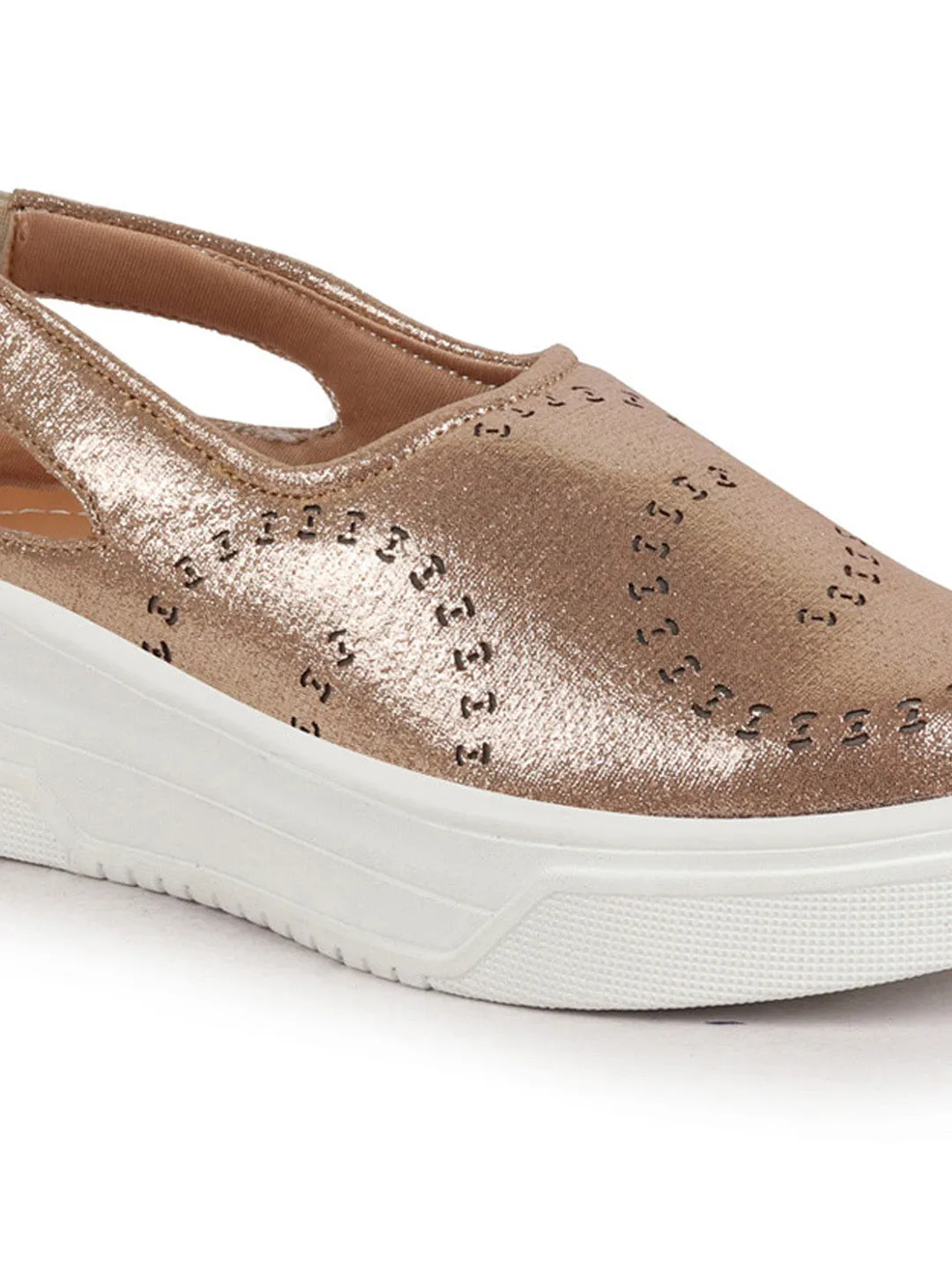 Women Golden Laser Cut Back Strap Flatform Heel Elastic Closure Embellished Slip On Shoes|Stylish|Weekend|Classic Sneaker Shoes