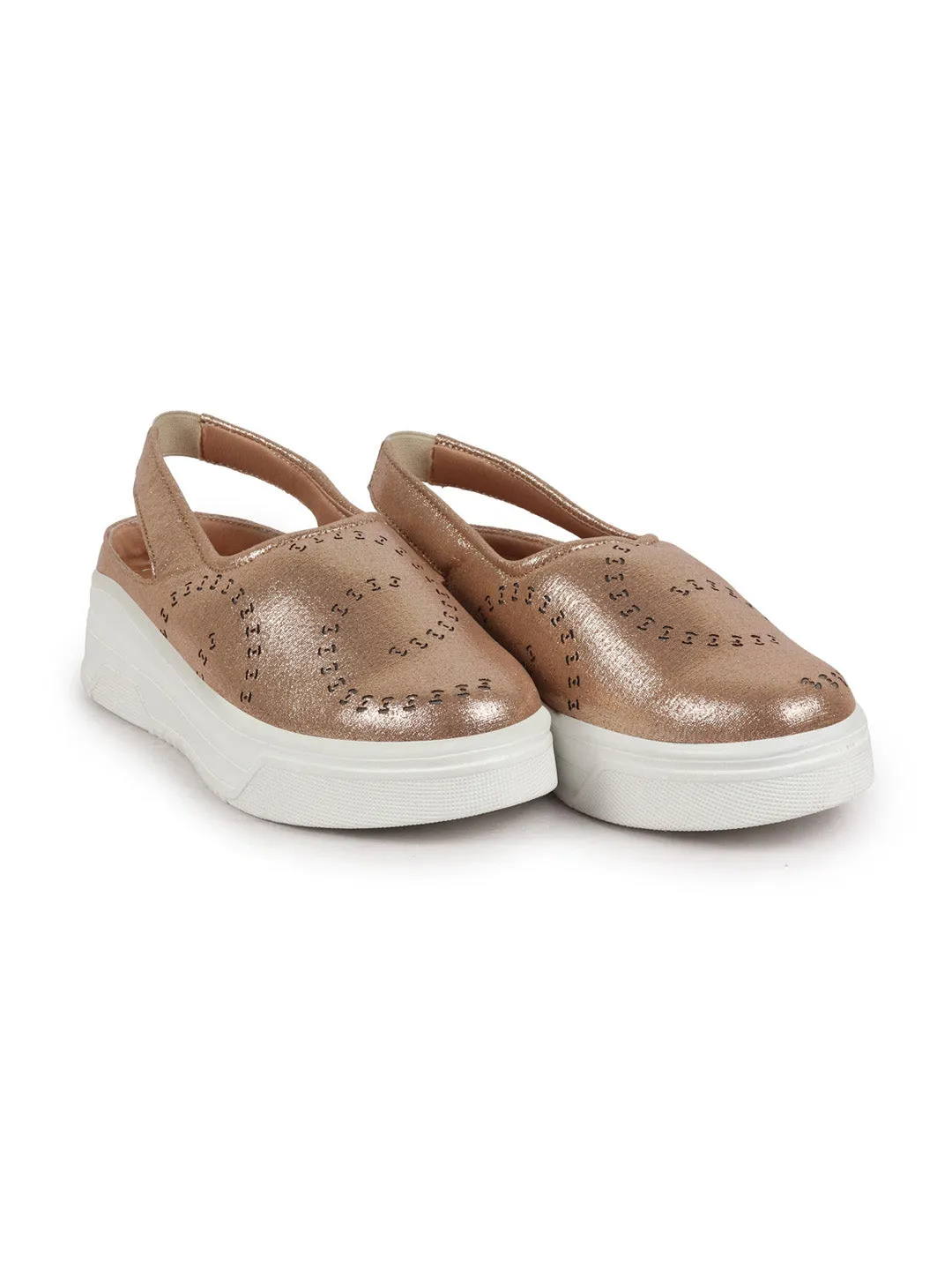 Women Golden Laser Cut Back Strap Flatform Heel Elastic Closure Embellished Slip On Shoes|Stylish|Weekend|Classic Sneaker Shoes