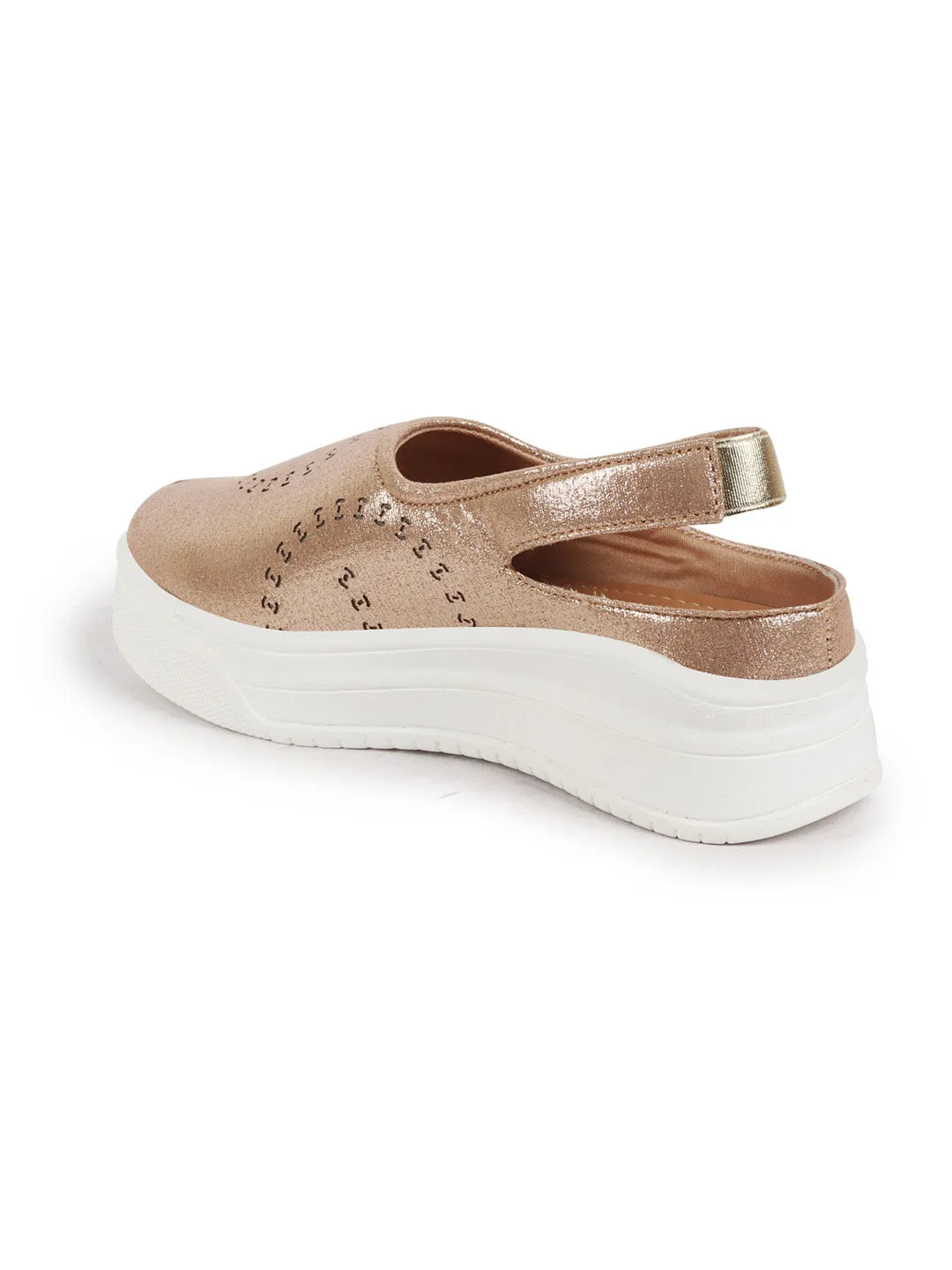 Women Golden Laser Cut Back Strap Flatform Heel Elastic Closure Embellished Slip On Shoes|Stylish|Weekend|Classic Sneaker Shoes