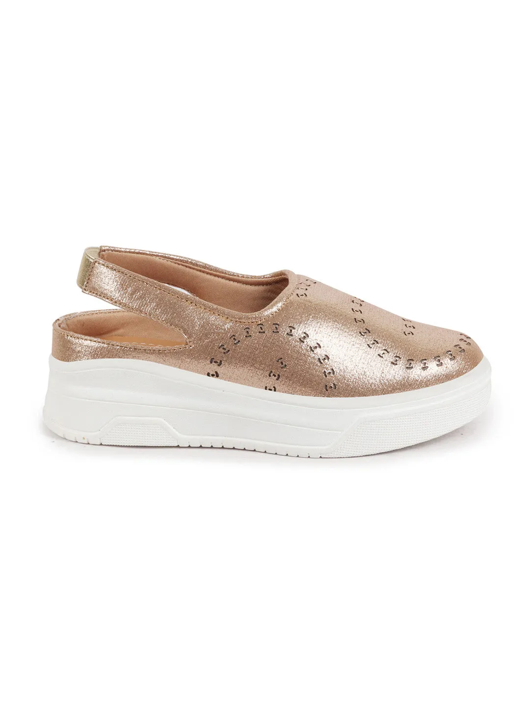 Women Golden Laser Cut Back Strap Flatform Heel Elastic Closure Embellished Slip On Shoes|Stylish|Weekend|Classic Sneaker Shoes