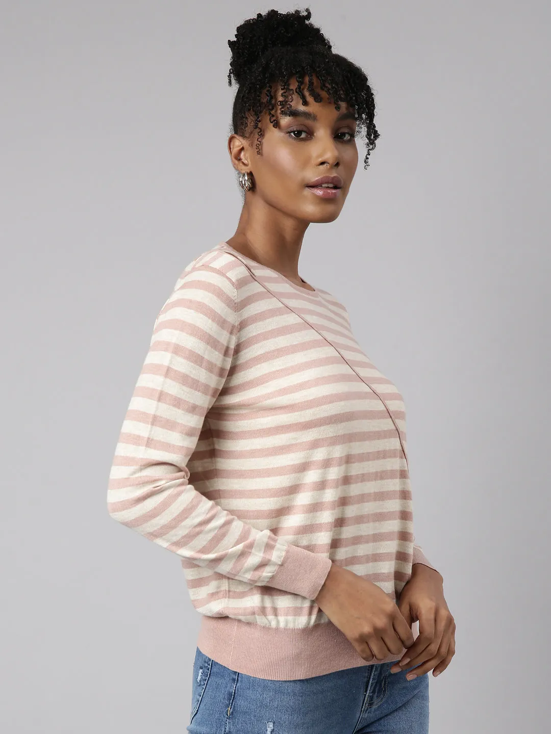 Women Peach Horizontal Stripes Fitted Top