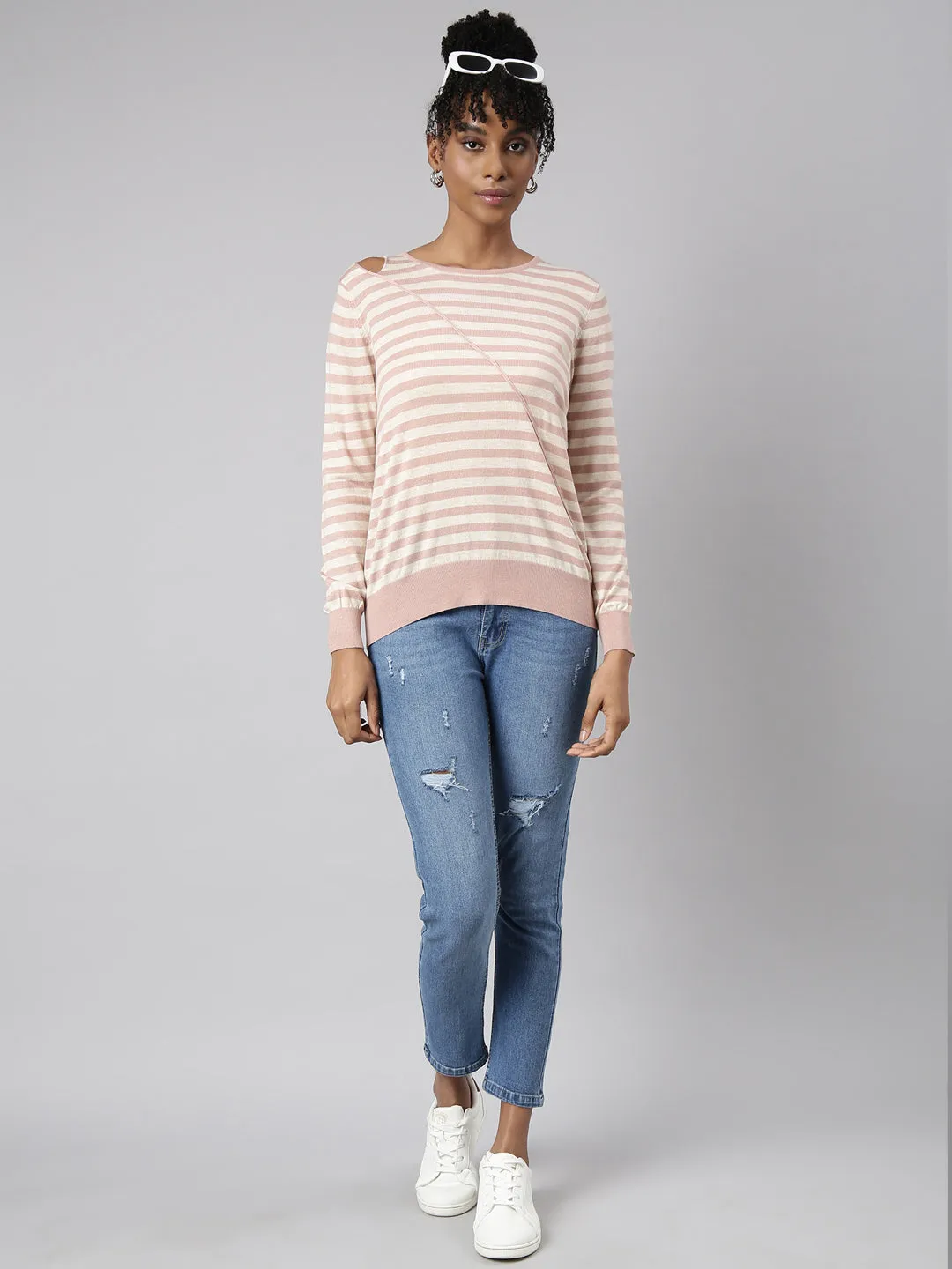 Women Peach Horizontal Stripes Fitted Top