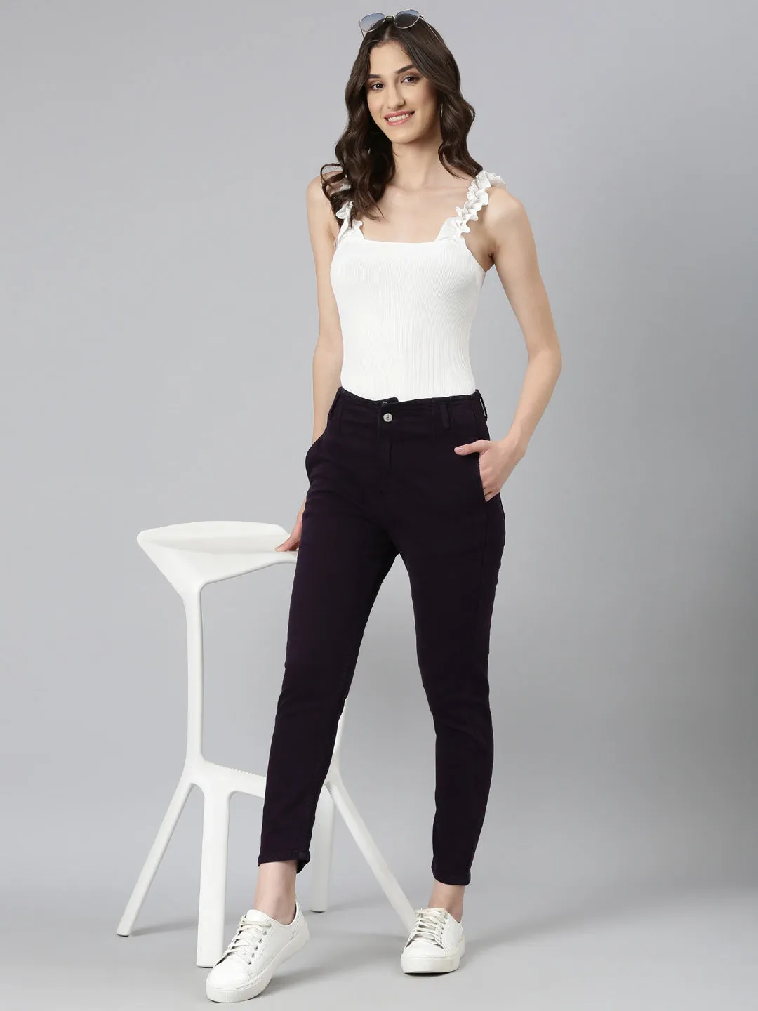Women Purple Solid Slim Fit Denim Jeans