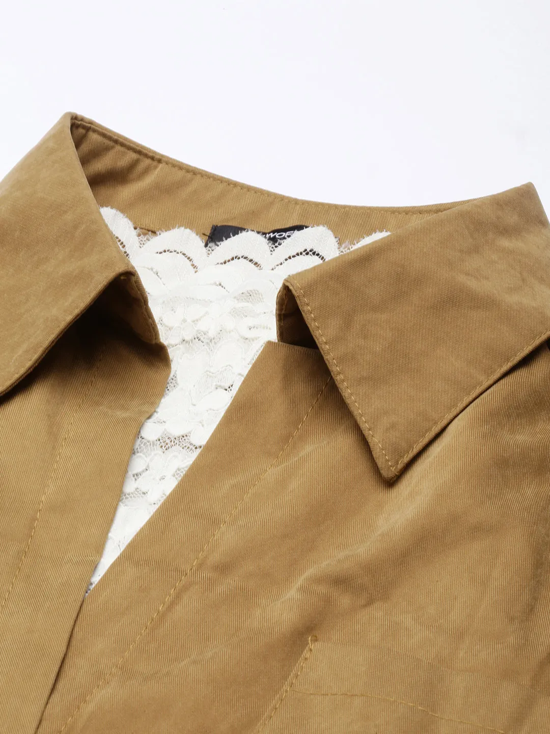 Women Solid Shirt Style Khaki Top Comes with Attached Inner Top