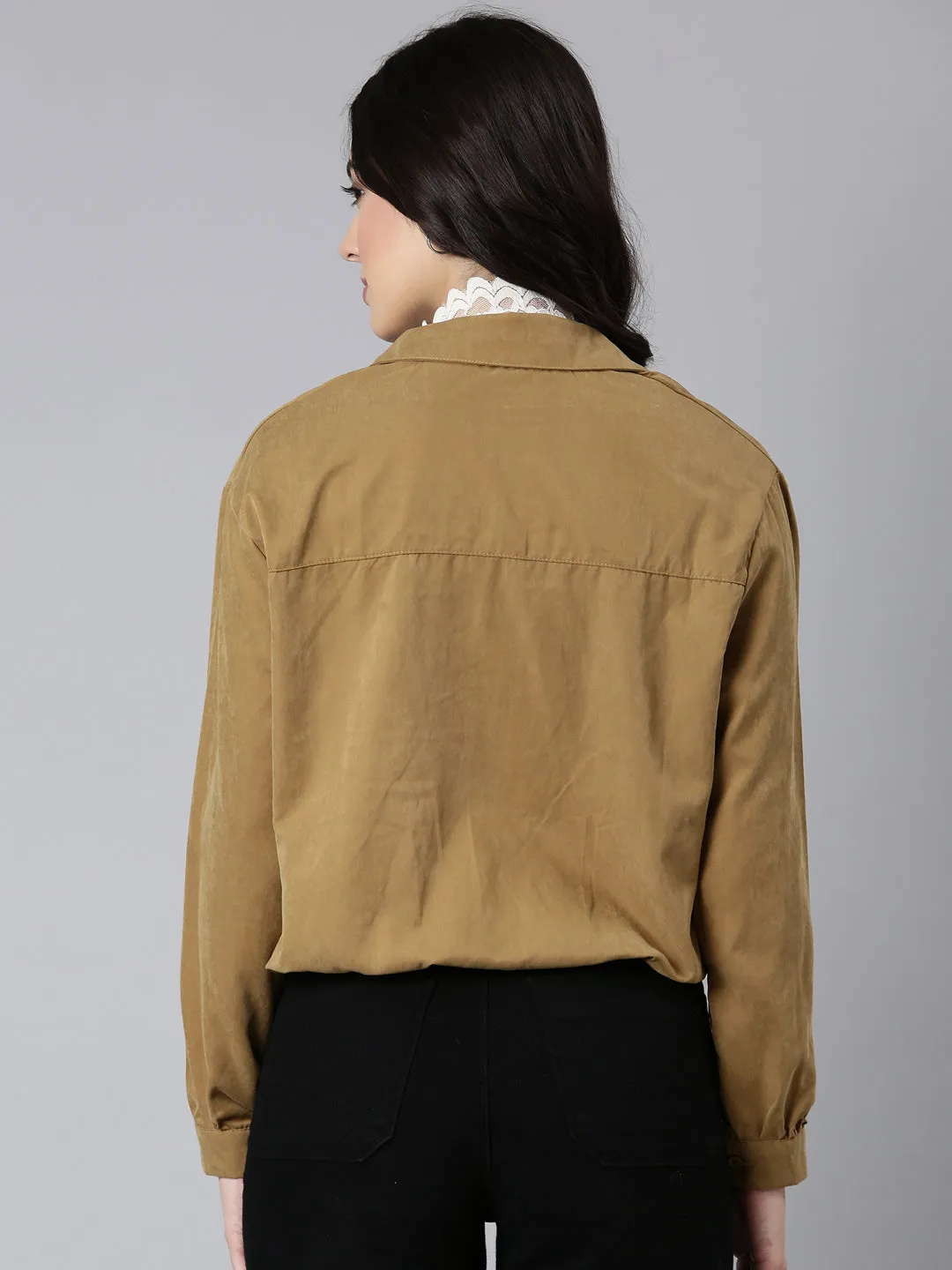 Women Solid Shirt Style Khaki Top Comes with Attached Inner Top