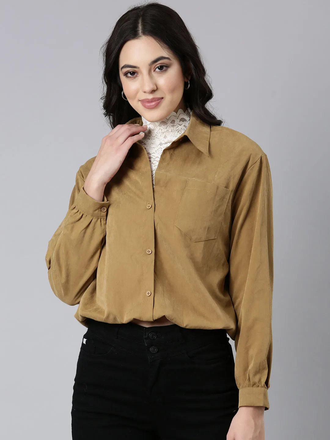 Women Solid Shirt Style Khaki Top Comes with Attached Inner Top