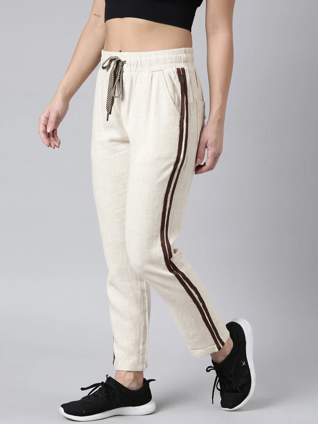 Women Solid Slim Fit Cream Track Pant